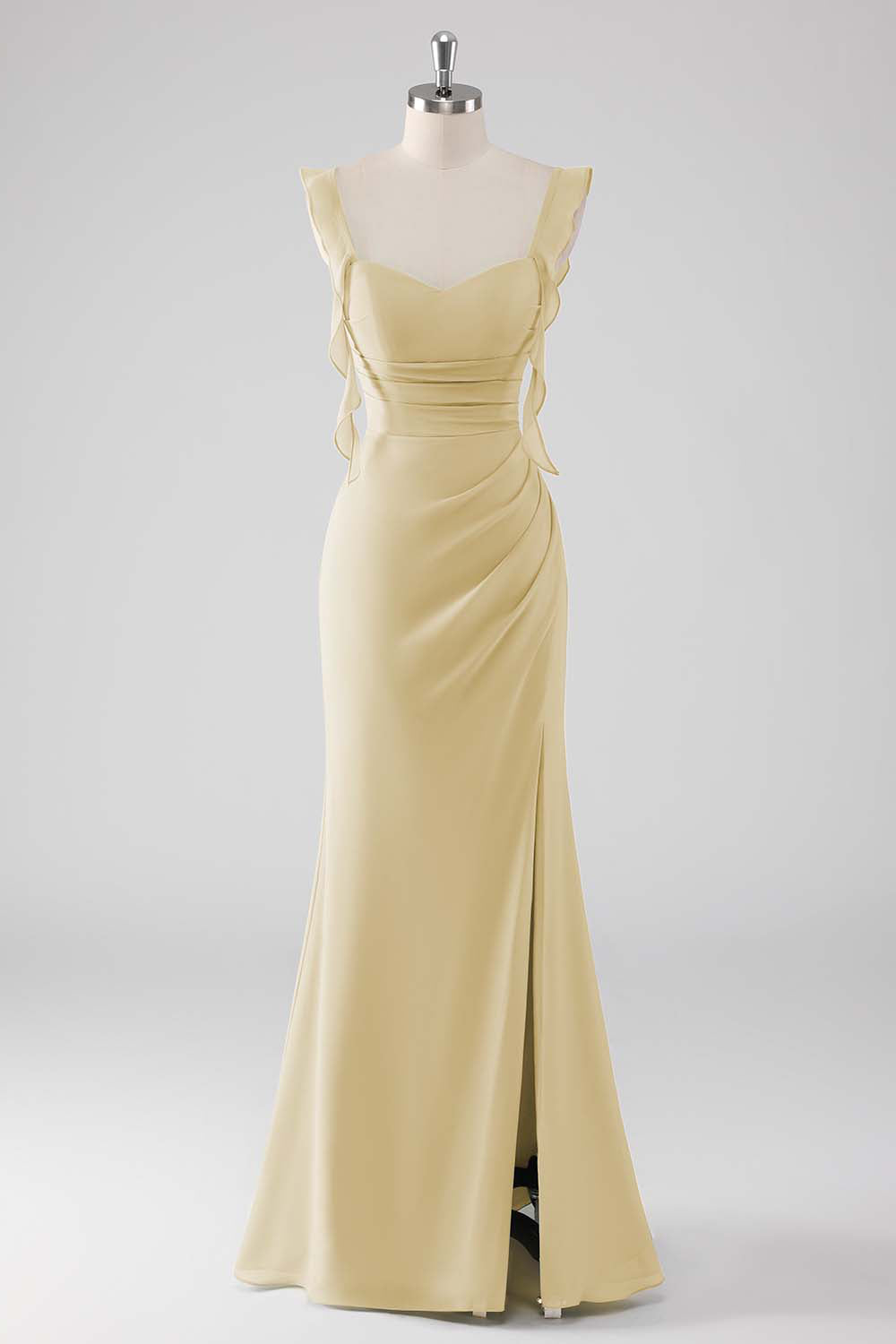 Sage Green Ruffled Sheath Lace-Up Back Long Bridesmaid Dress with Slit