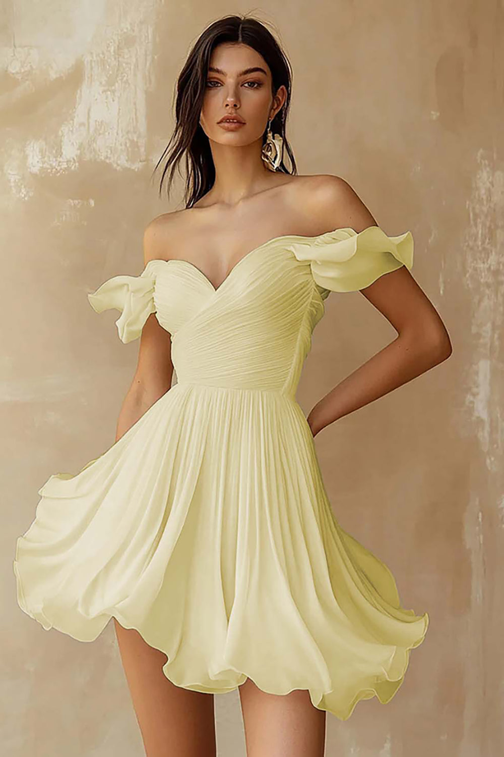 A-Line Ruffled Off-the-Shoulder Pleated White Graduation Dress