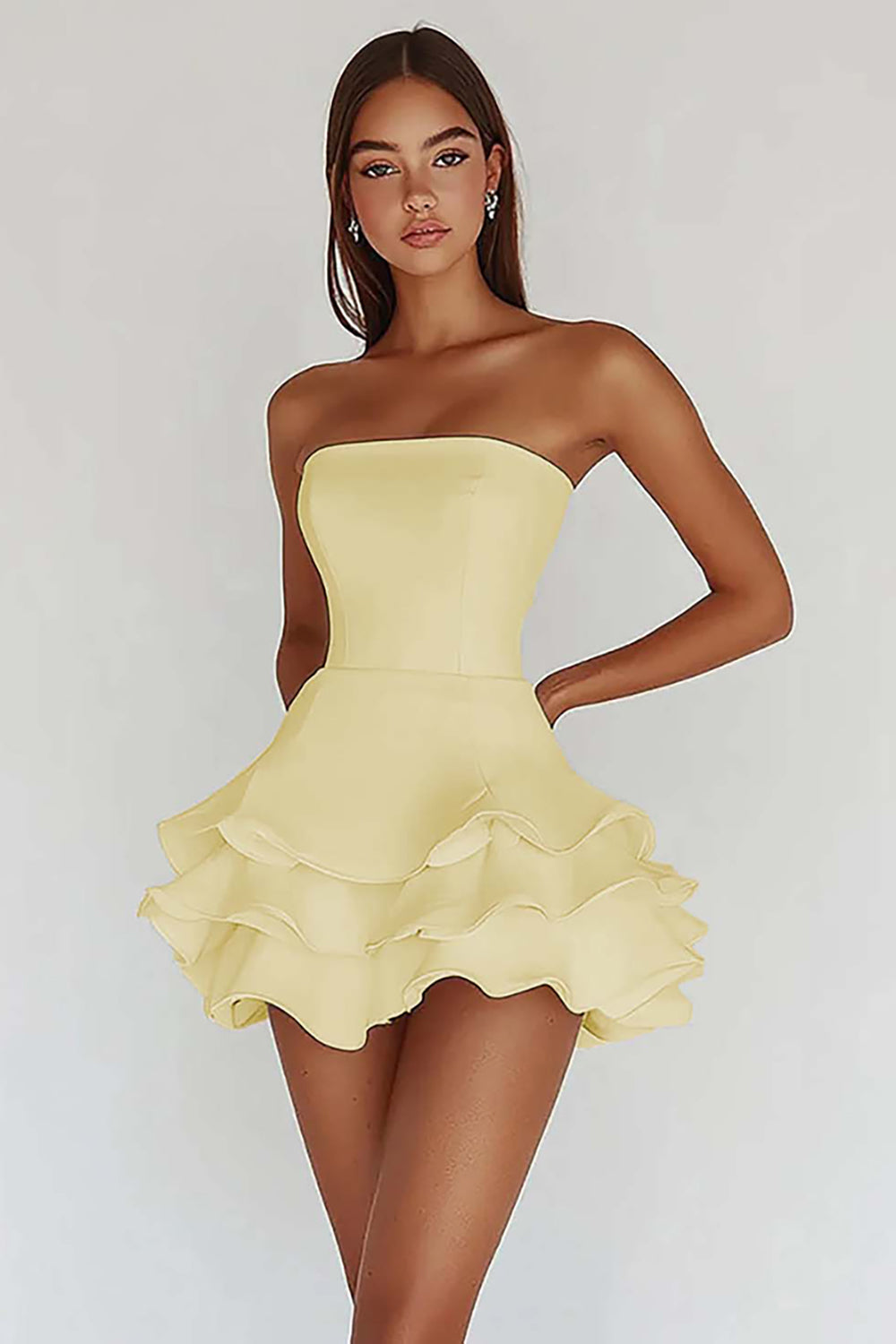 White Strapless A-Line Tiered Matte Satin Graduation Dress