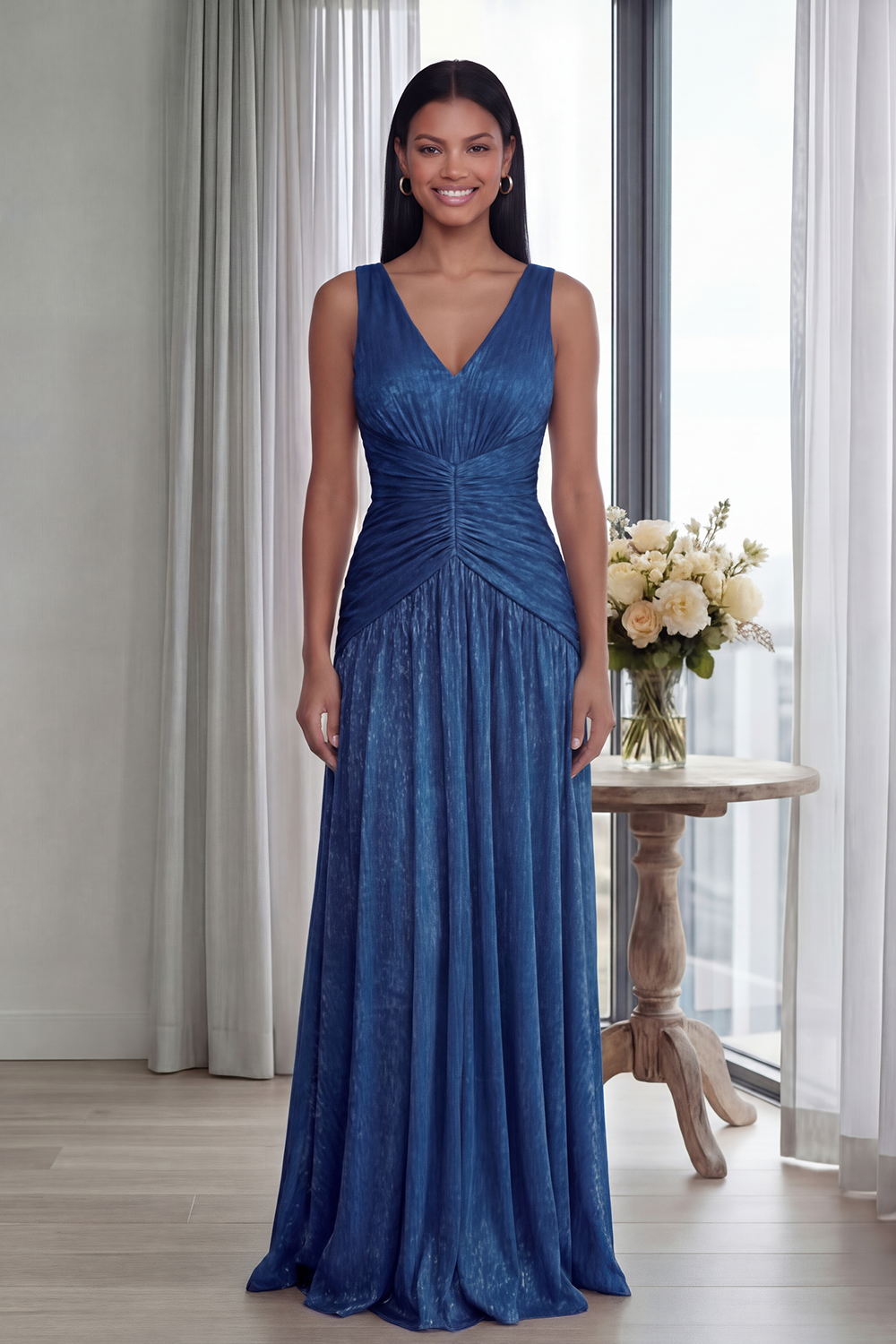 Dusty Rose V-Neck A-Line Pleated Long Formal Dress
