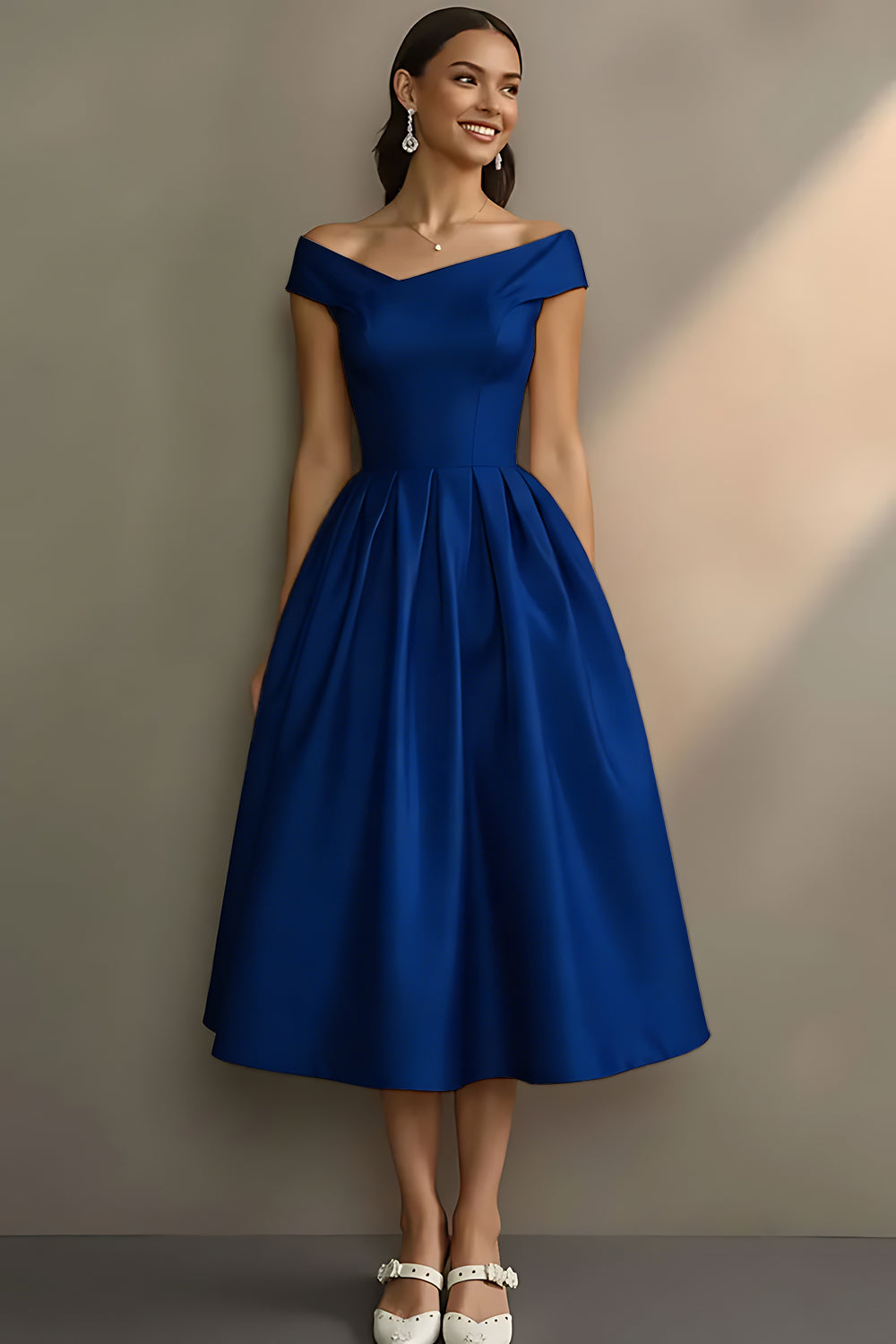 Robe de fiançailles midi trapèze blanche à épaules dénudées