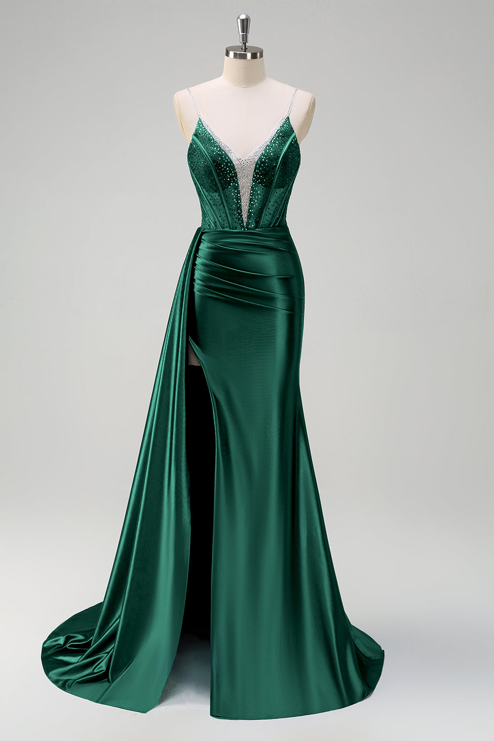Vestido de Baile Sirena Escote en V con Corset, Entrenador Watteau, Bordado y Abertura