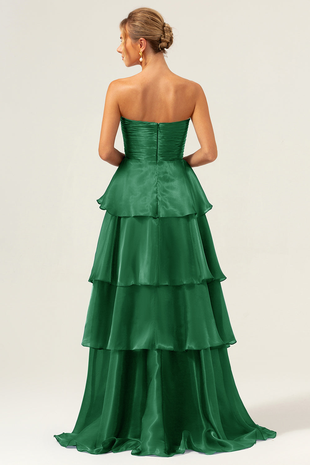 Blue A Line Strapless Tiered Satin Long Prom Dress