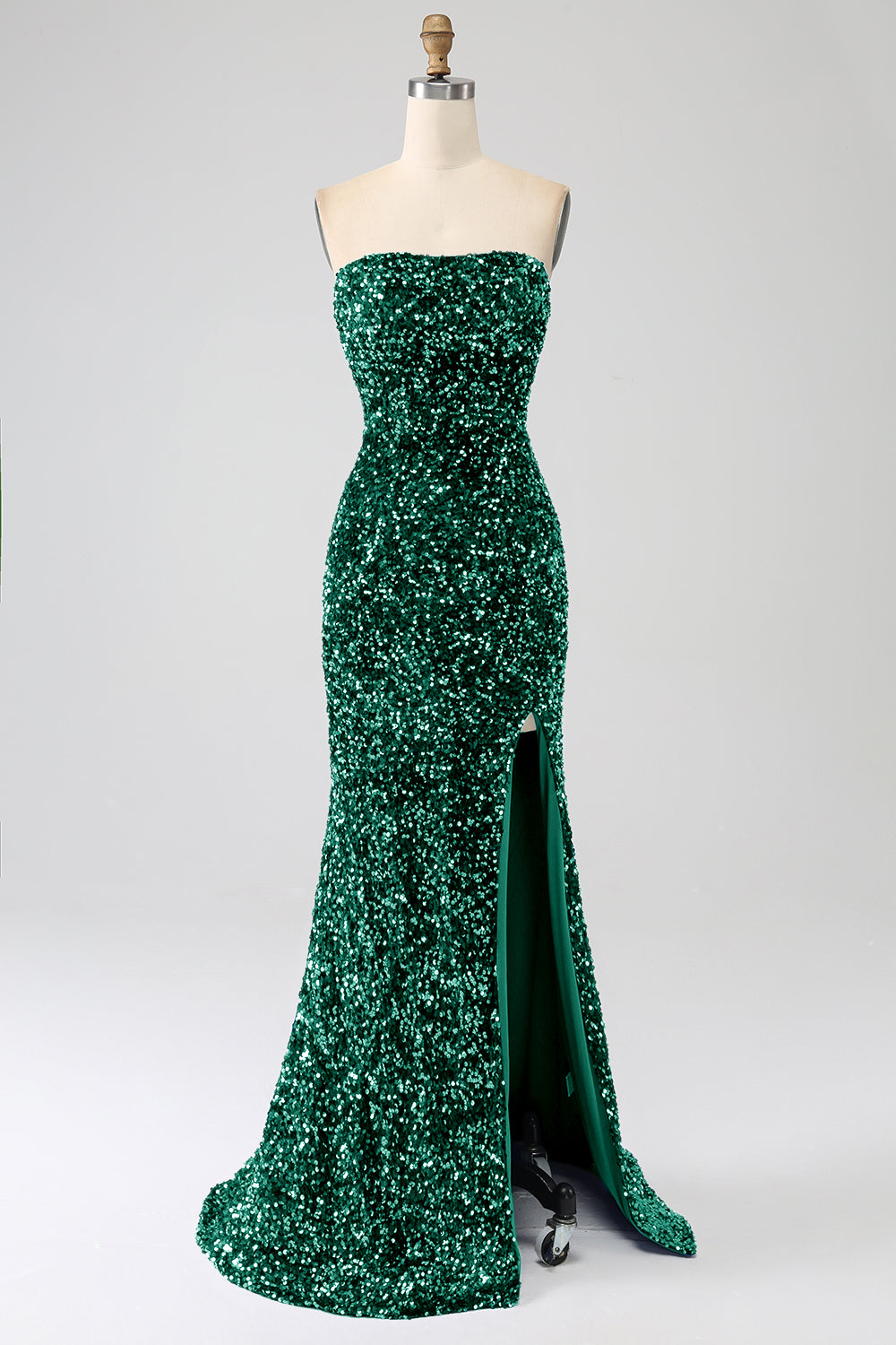 Robe de bal sirène longue rouge sans bretelles à paillettes avec fente