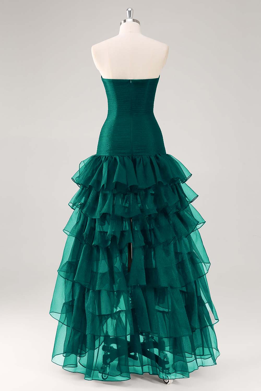 Black Strapless Tulle Tiered Ruffled Formal Dress with Slit