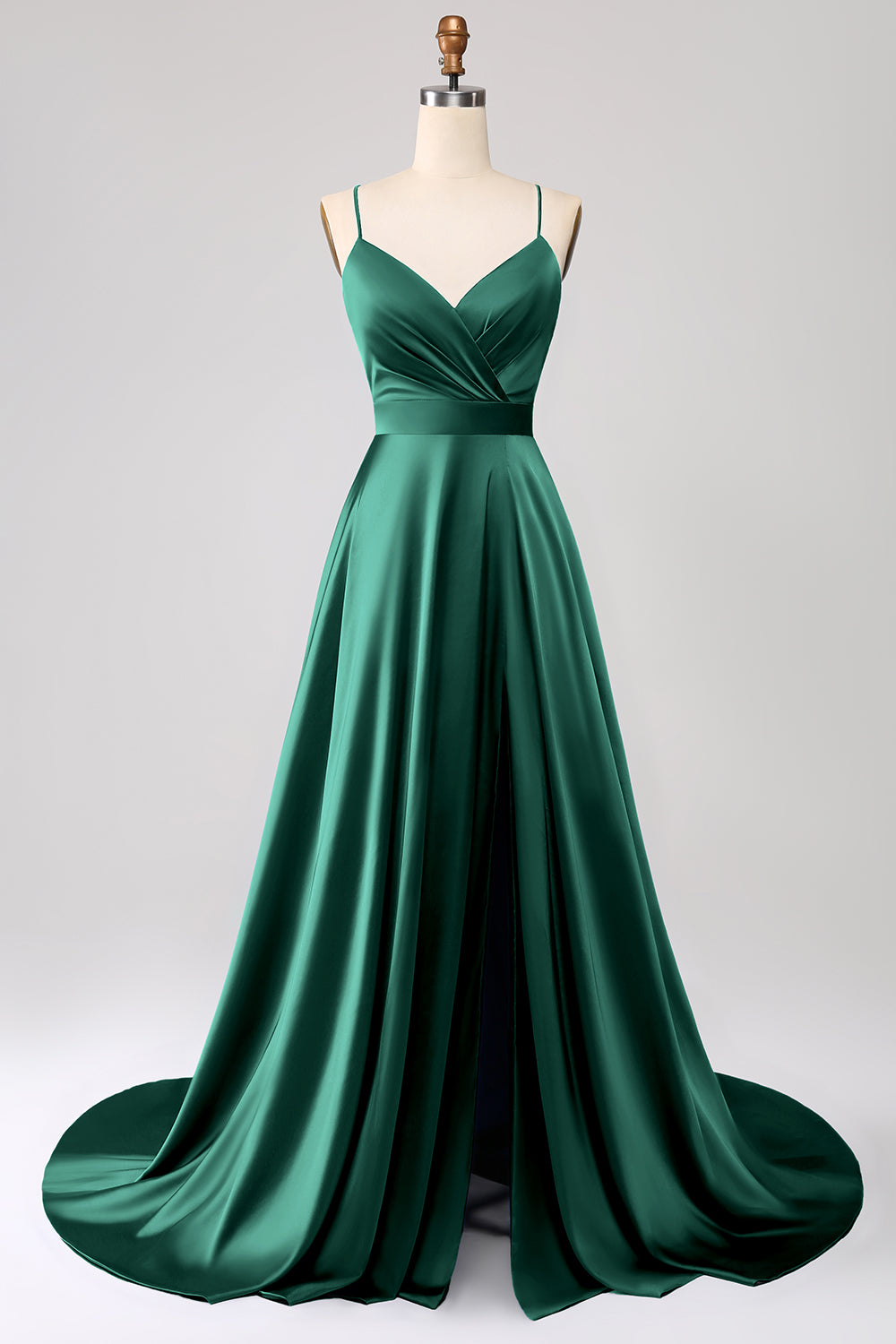 Robe de bal bleu roi en satin évasée à fines bretelles avec fente