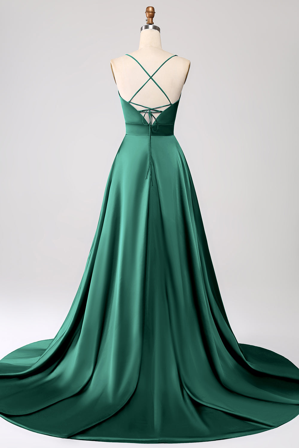 Robe de bal bleu roi en satin évasée à fines bretelles avec fente