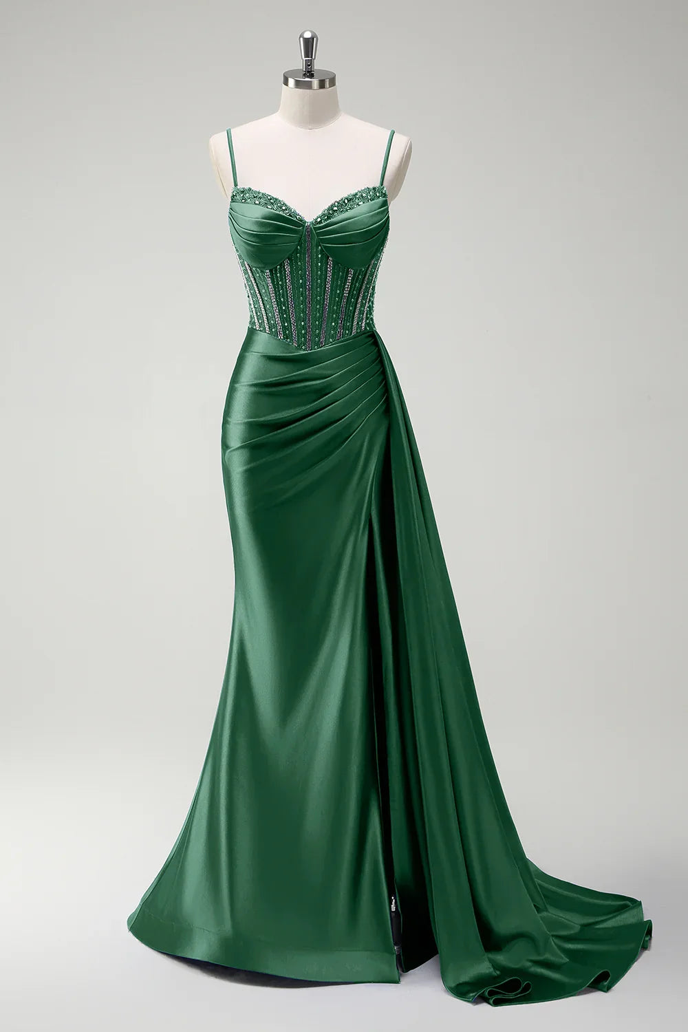 Robe longue de bal en satin plissée avec corset perlé sirène violet scintillant et fente