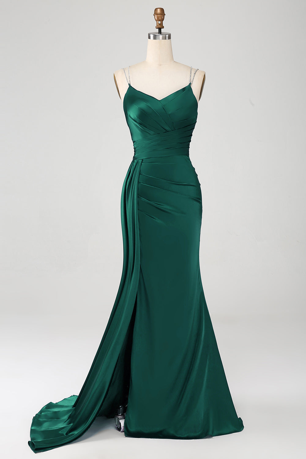 Robe de soirée longue fendue bleu marine en sirène avec bretelles spaghetti et corset plissé