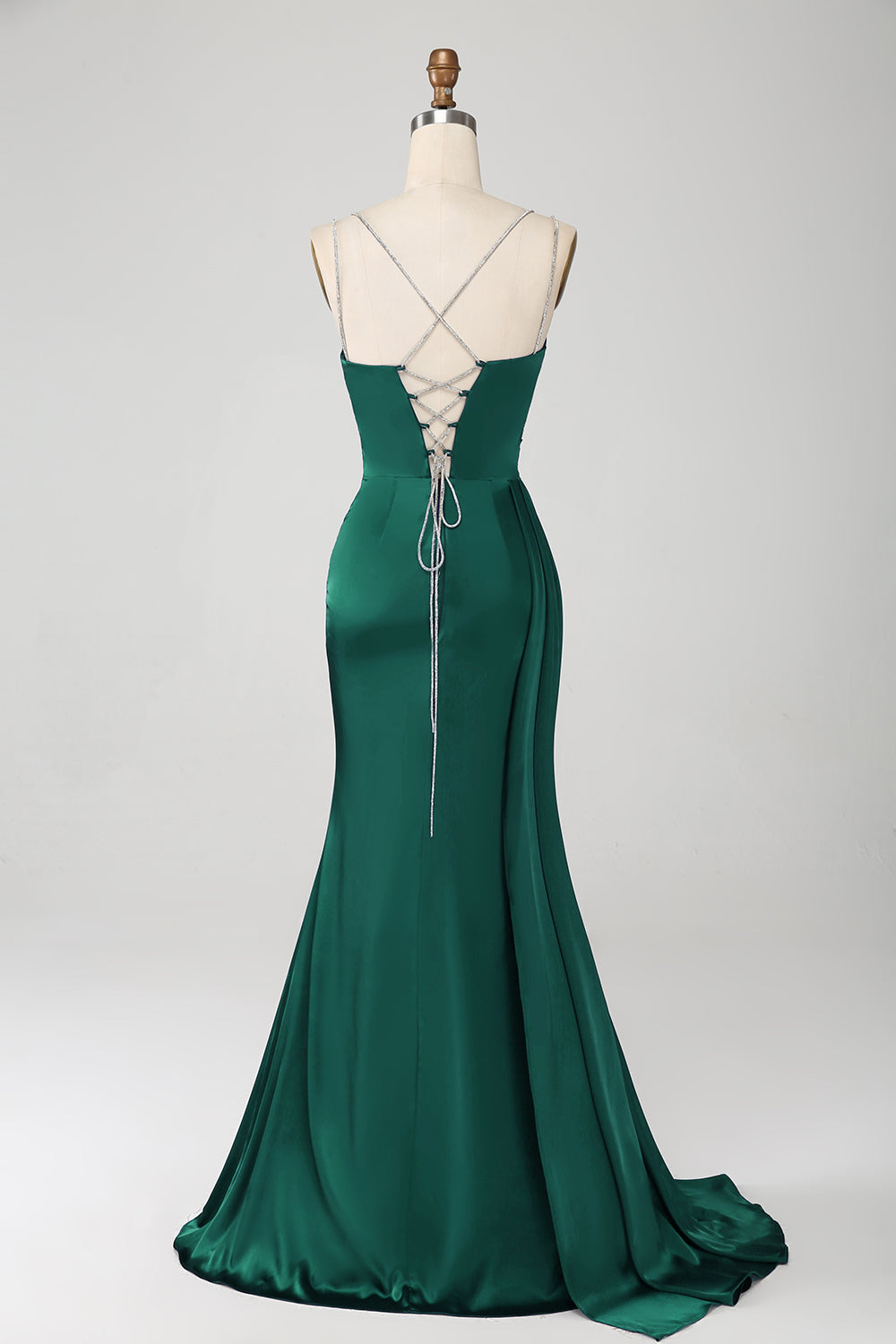 Robe de soirée longue fendue bleu marine en sirène avec bretelles spaghetti et corset plissé