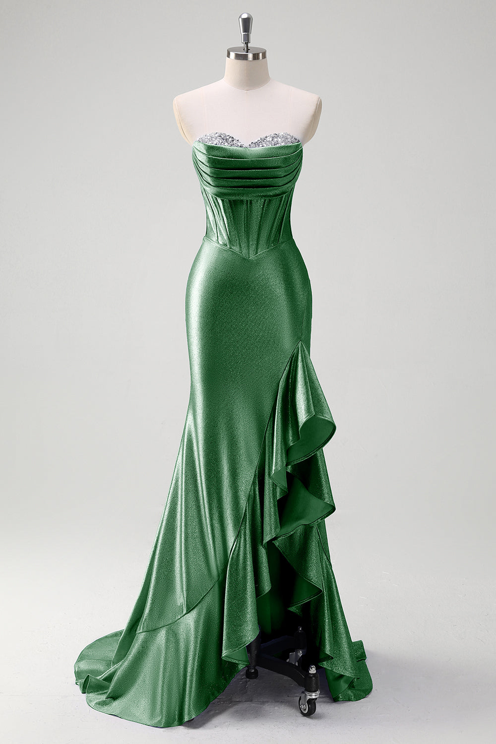 Sparkly Champagne Mermaid Strapless Ruffle Corset Satin Long Prom Dress with Slit
