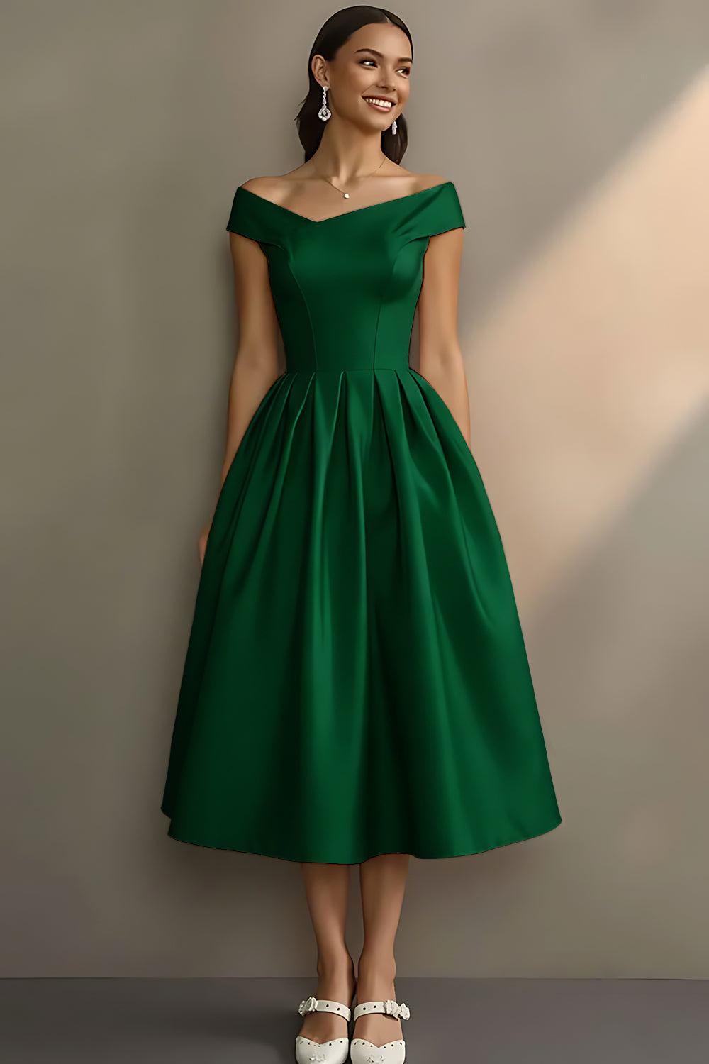 Robe de fiançailles midi trapèze blanche à épaules dénudées