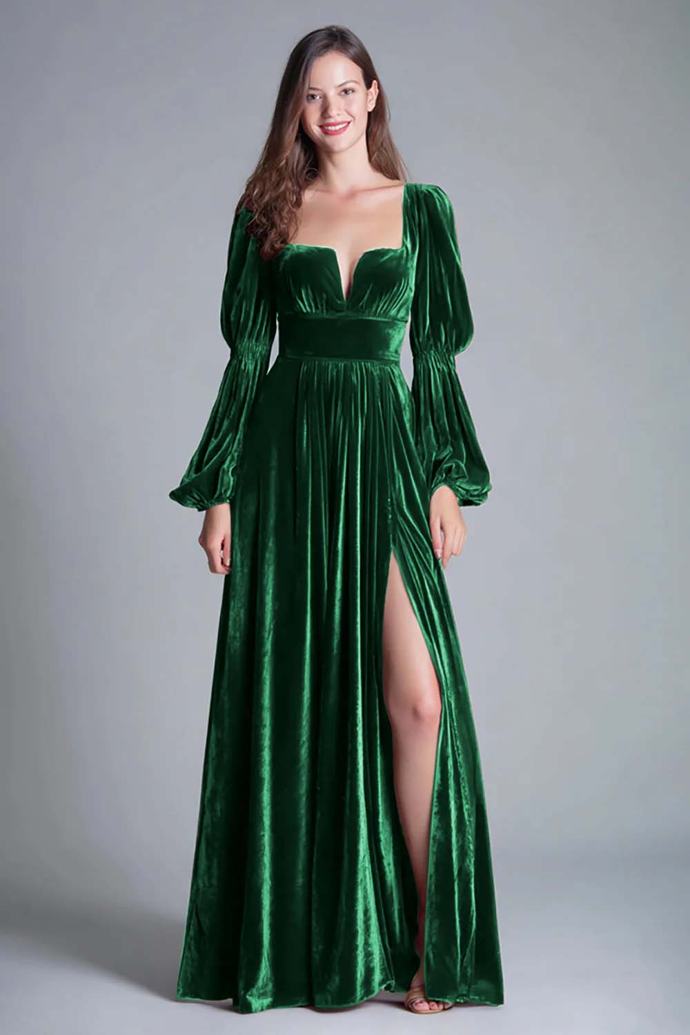 Vestido de noche formal línea A de terciopelo burdeos con cuello cuadrado y abertura