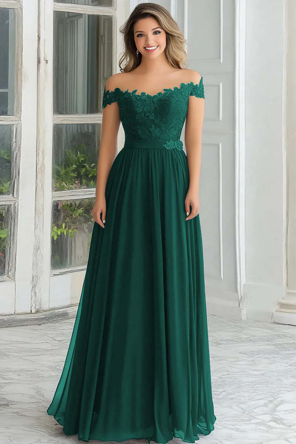 Robe longue de mère de la mariée élégante bleu marine coupe évasée en mousseline et dentelle avec épaules dénudées