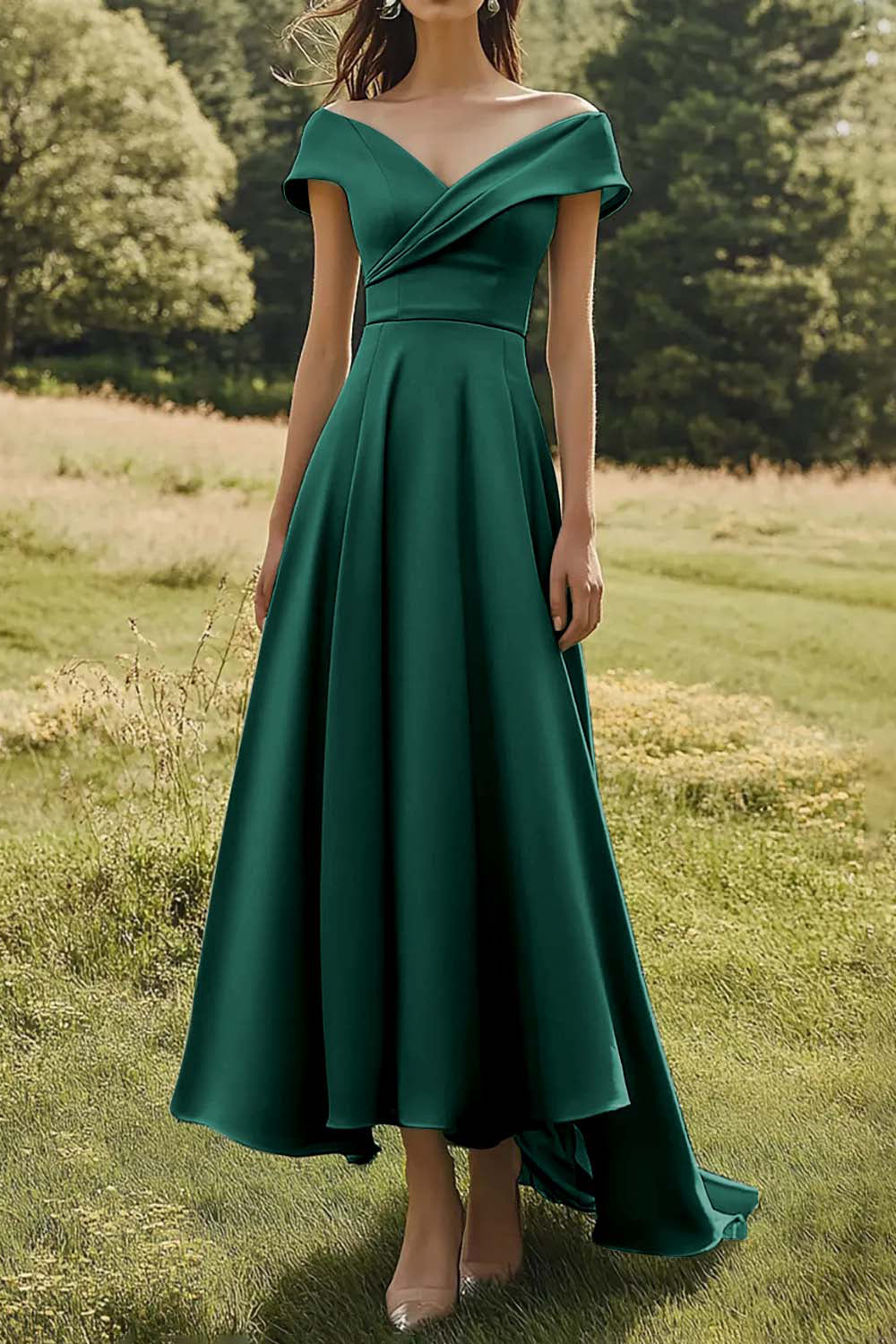 Sage Off-the-Shoulder Slim Formal Dress with Wide Hem