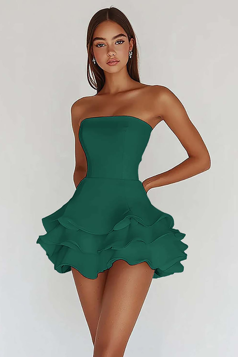 White Strapless A-Line Tiered Matte Satin Graduation Dress