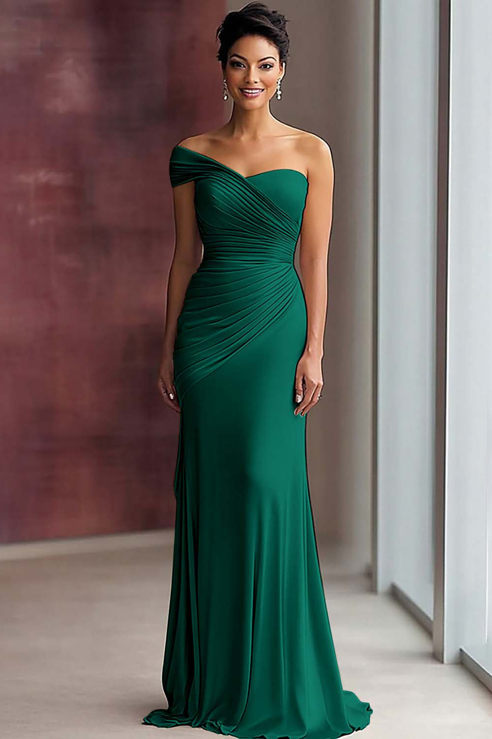 Robe de gala fourreau asymétrique plissée en jersey kaki clair