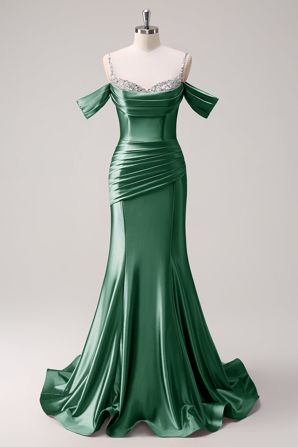 Robe de bal longue en satin froncé à paillettes épaules dénudées sirène dorée scintillante