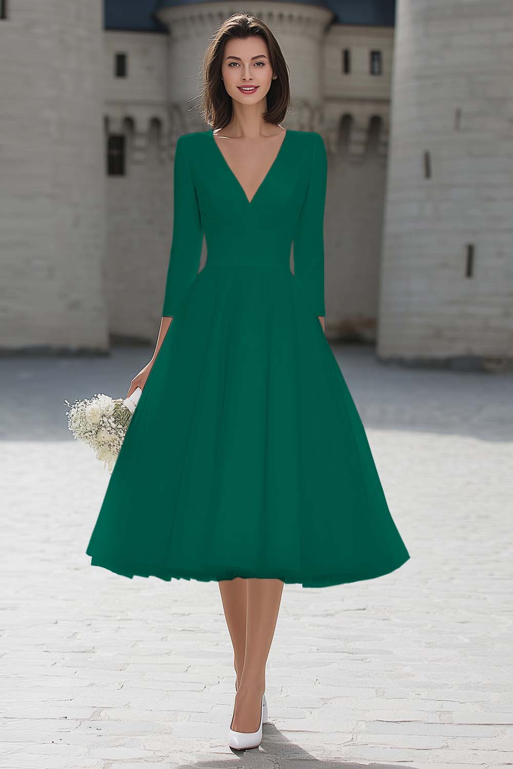 A-Line Ivory V-Neck Midi Engagement Dress