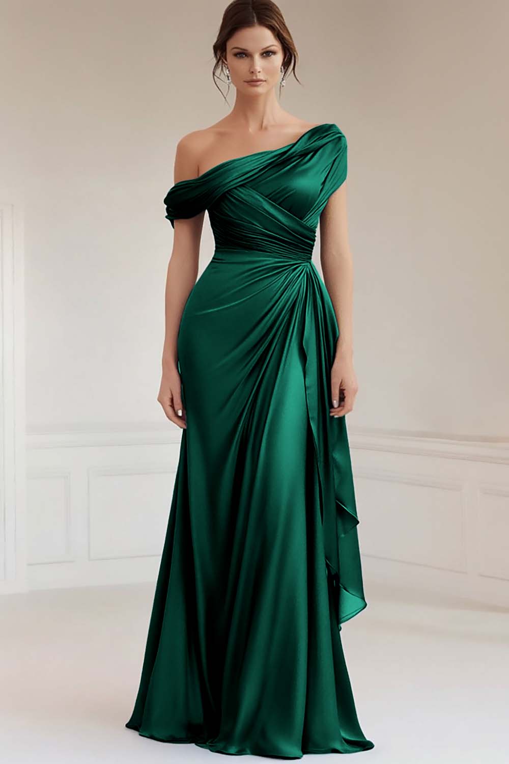 Mermaid Gray Blue One-Shoulder Satin Ruched Mother of the Bride Dress with Ruffles