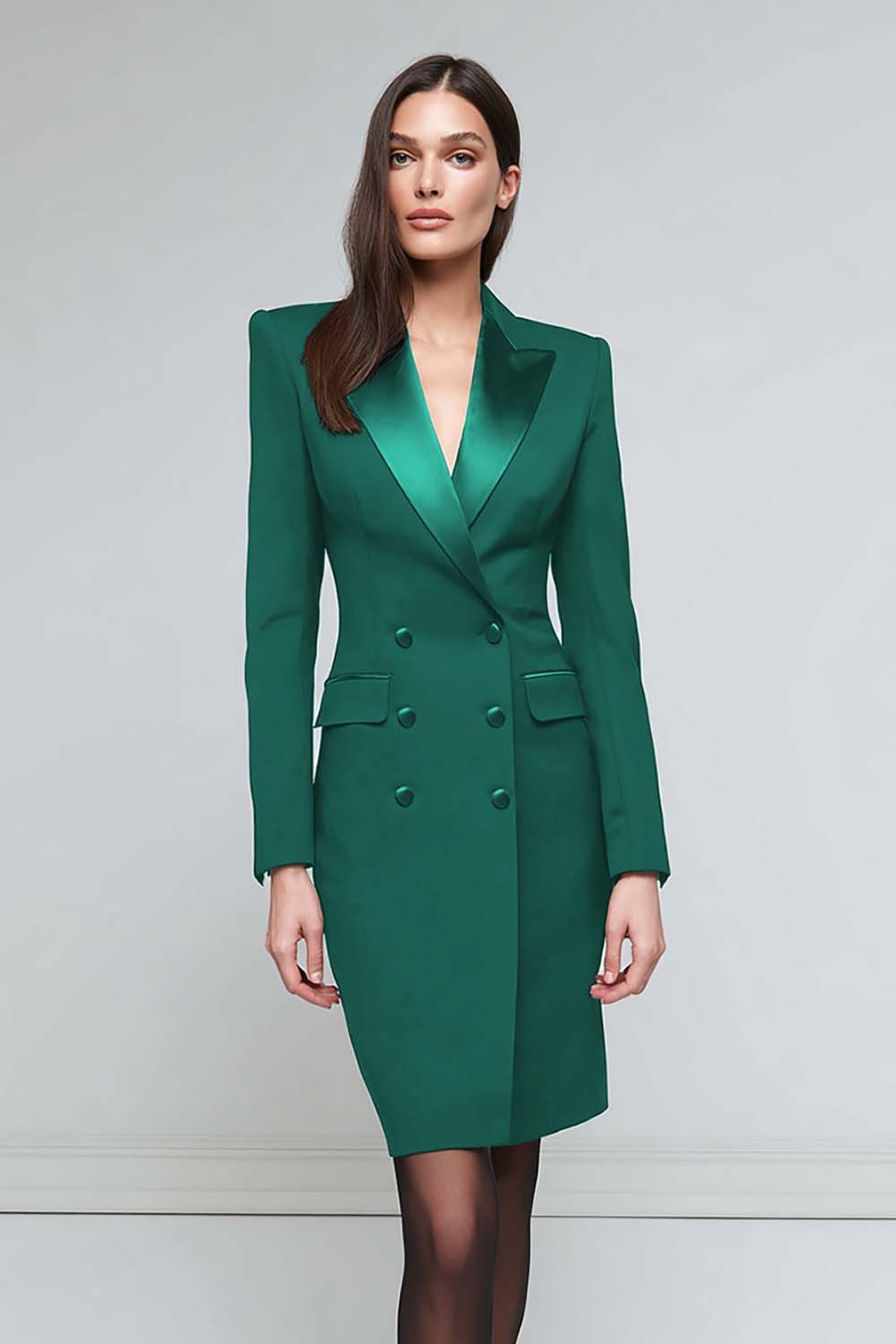 Satin Black Peak Lapel Midi Work Dress