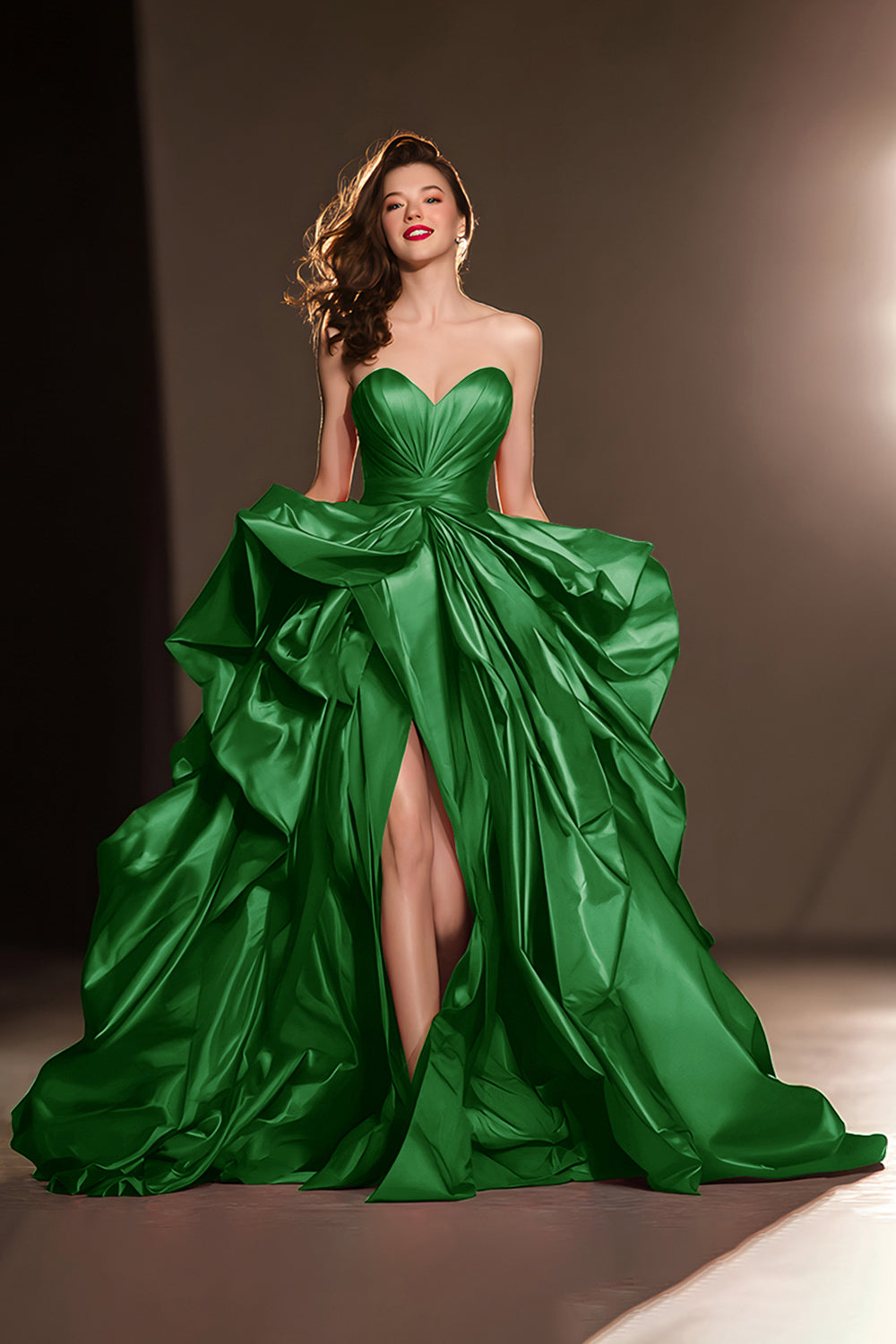 A-Line Sweetheart Dark Red Ruffle Pageant Dress with Slit
