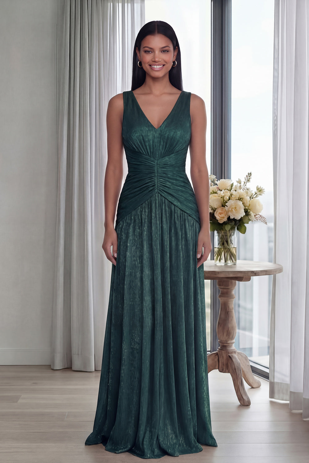 Dusty Rose V-Neck A-Line Pleated Long Formal Dress