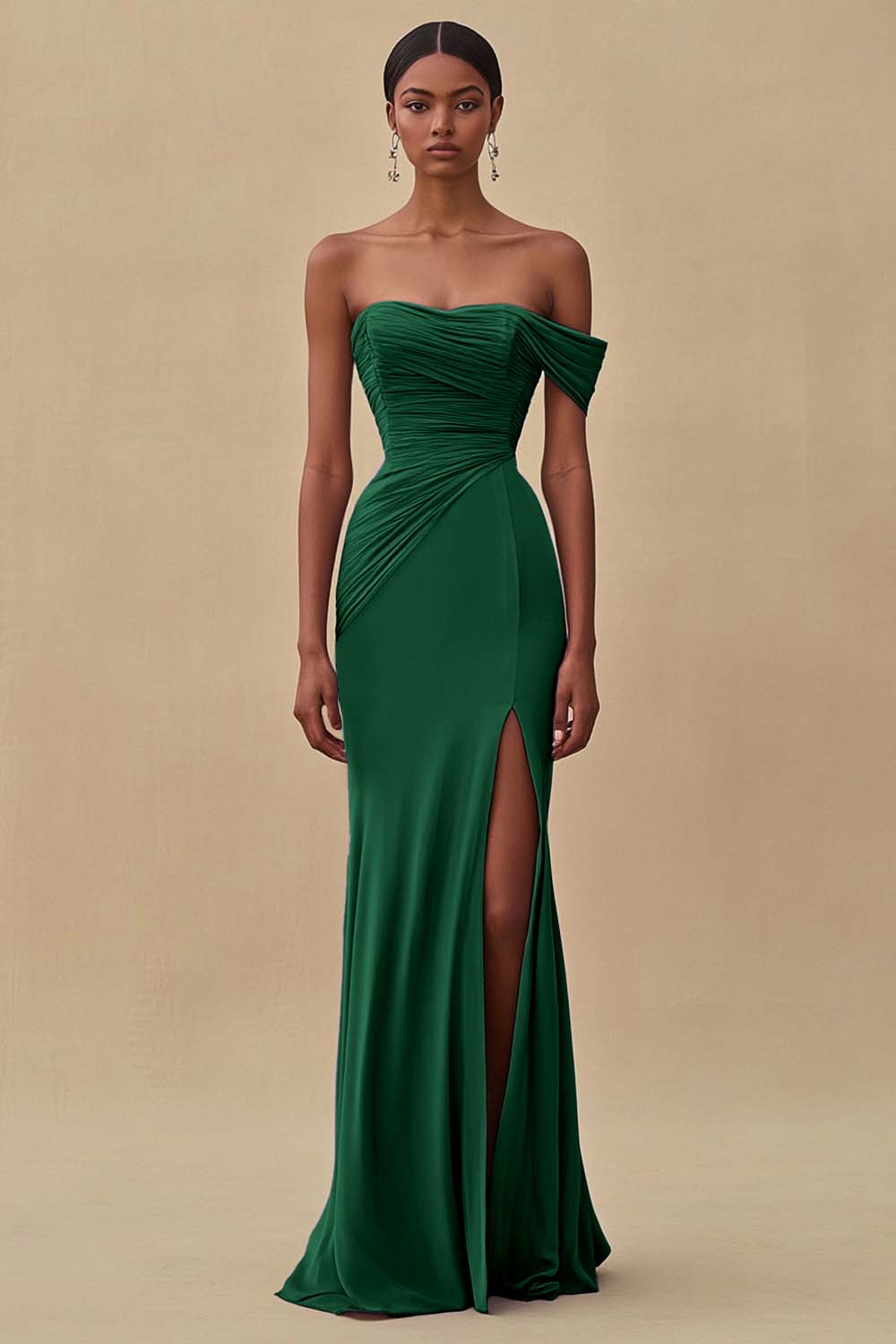 Robe de soirée longue sirène bleu encre à épaules dénudées avec fente