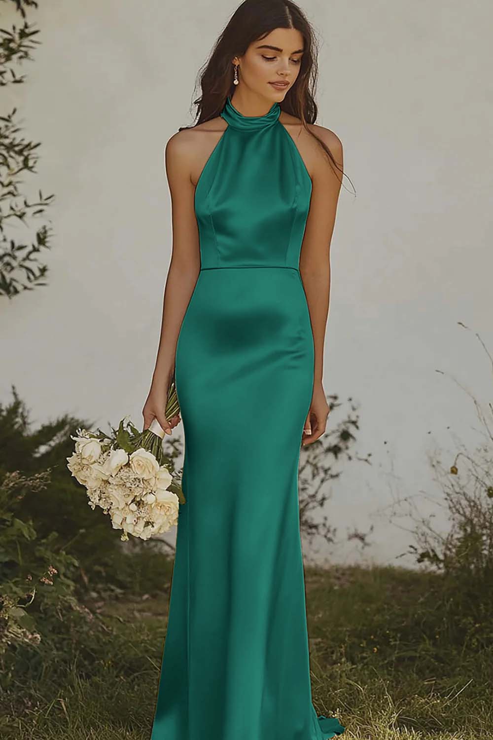 Light Yellow Halter Mermaid Satin Bridesmaid Dress