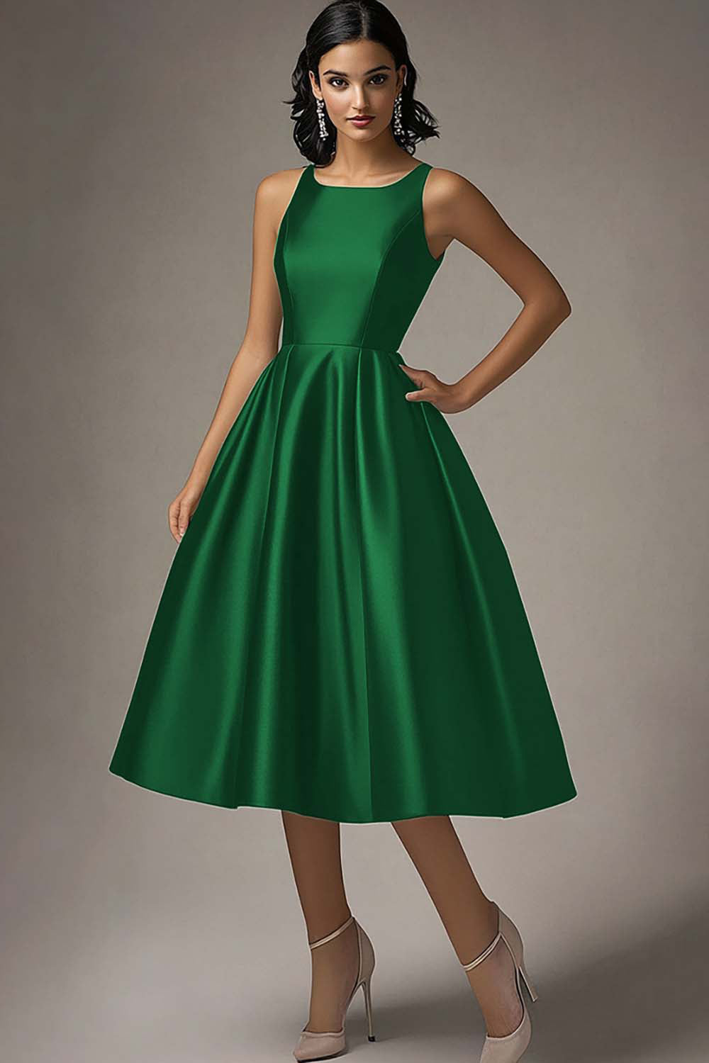 Black A Line Satin Ruched Midi Formal Dress