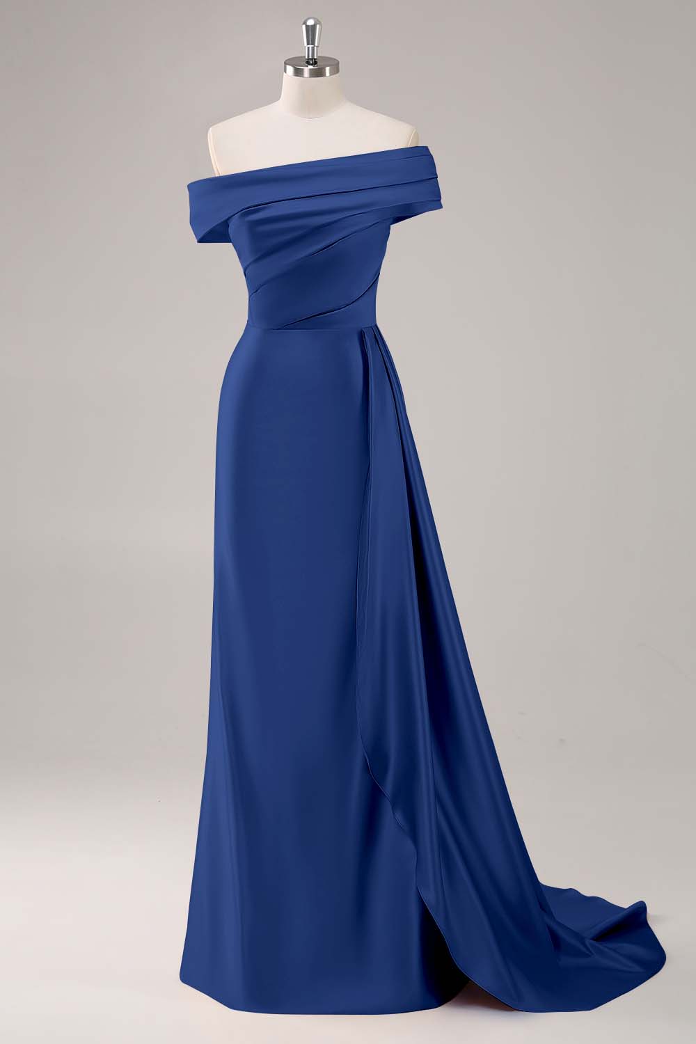 Robe de soirée longue satinée champagne plissée asymétrique