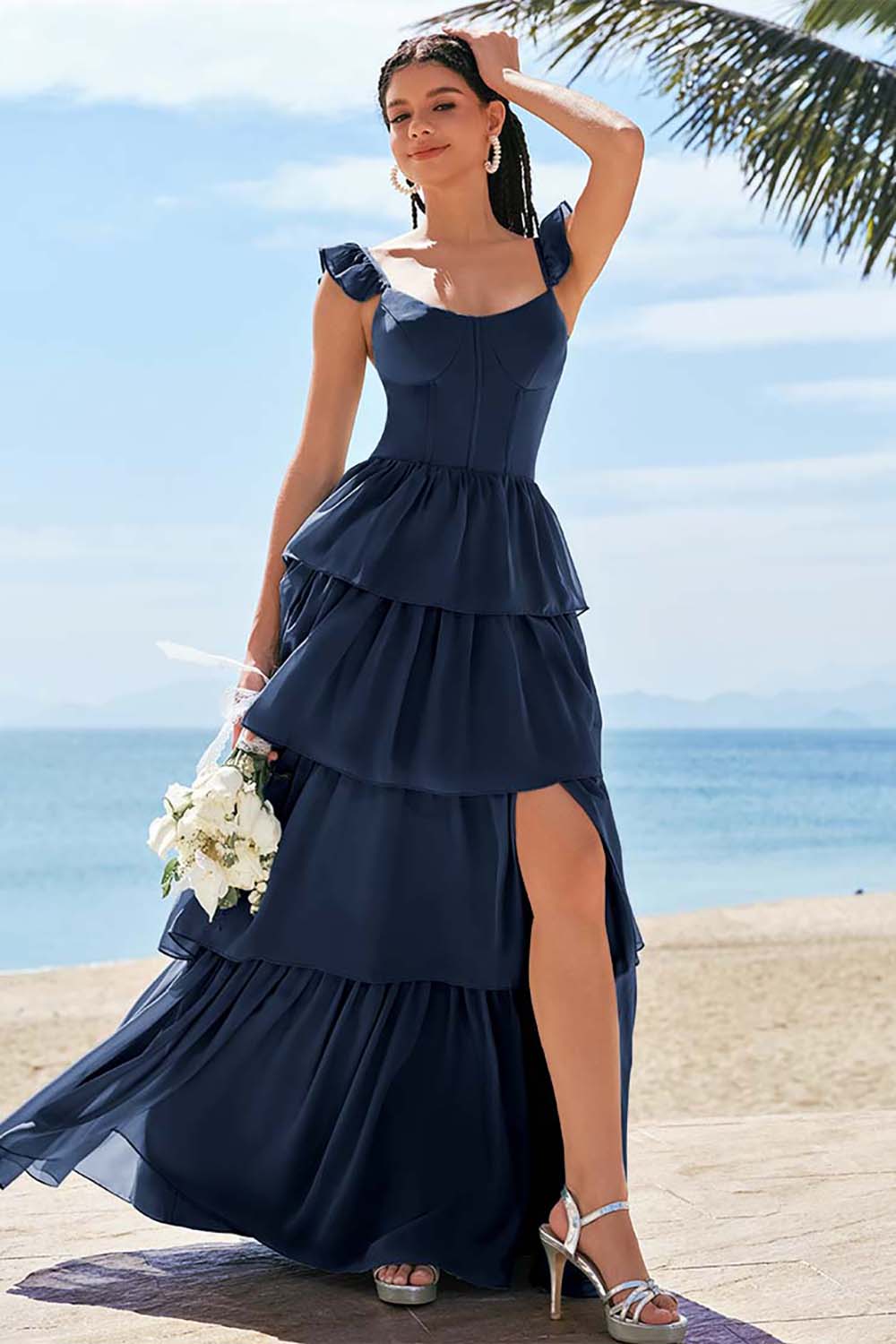 Robe de demoiselle d'honneur longue Eucalyptus avec corset trapèze, volants étagés et fente
