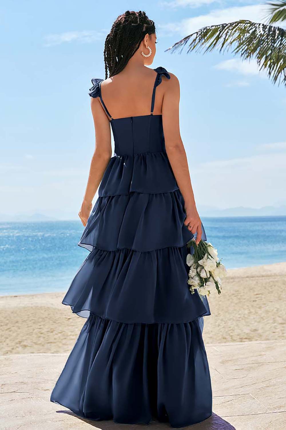 Robe de demoiselle d'honneur longue Eucalyptus avec corset trapèze, volants étagés et fente