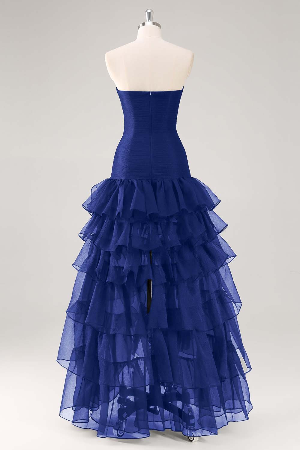 Black Strapless Tulle Tiered Ruffled Formal Dress with Slit