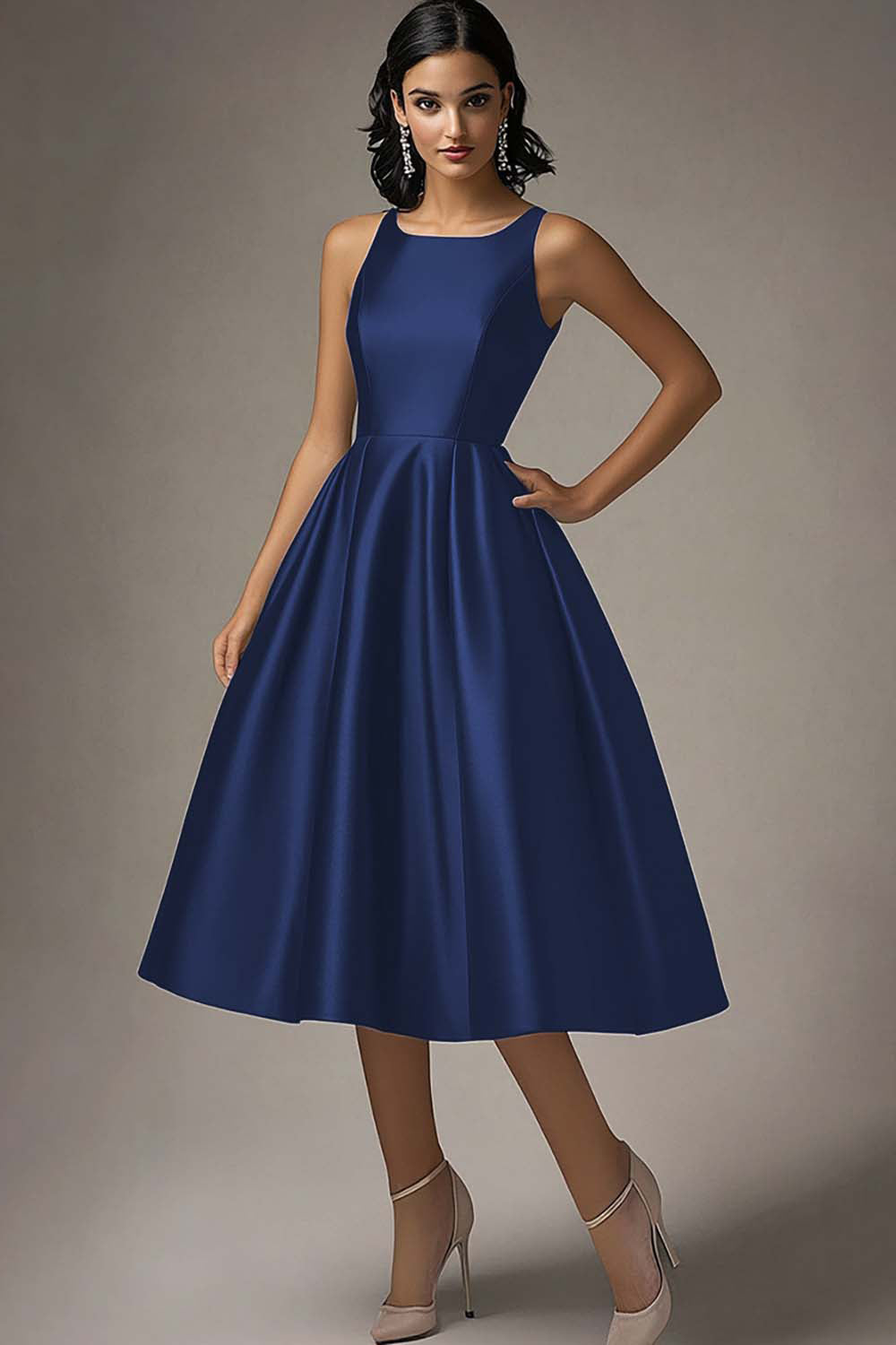 Black A Line Satin Ruched Midi Formal Dress
