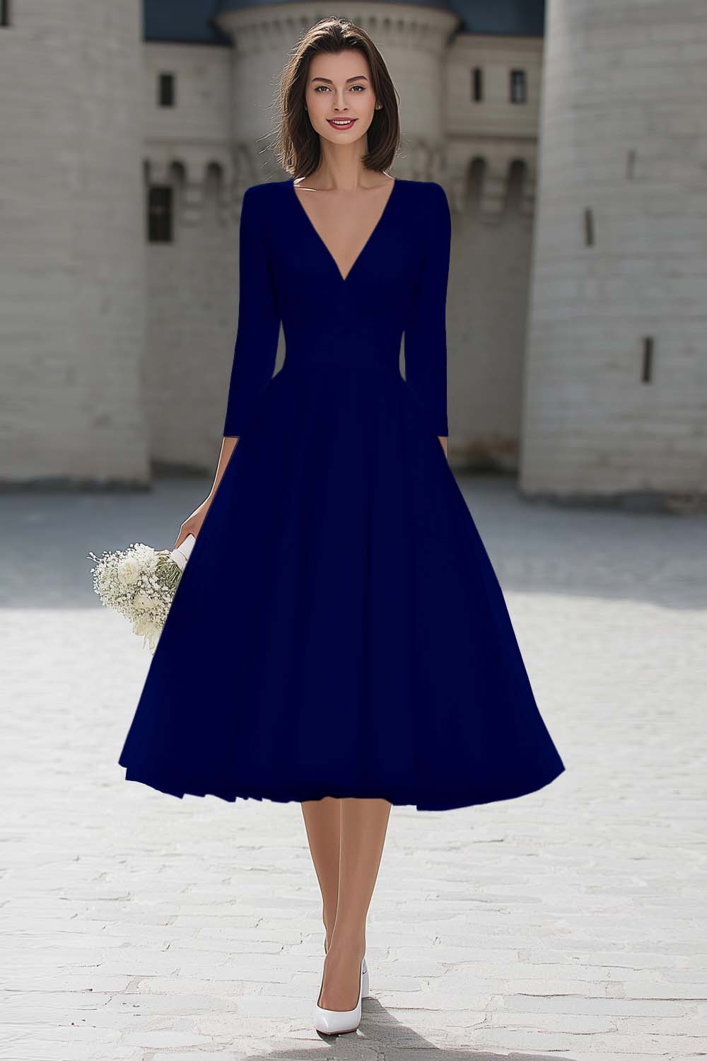 A-Line Ivory V-Neck Midi Engagement Dress