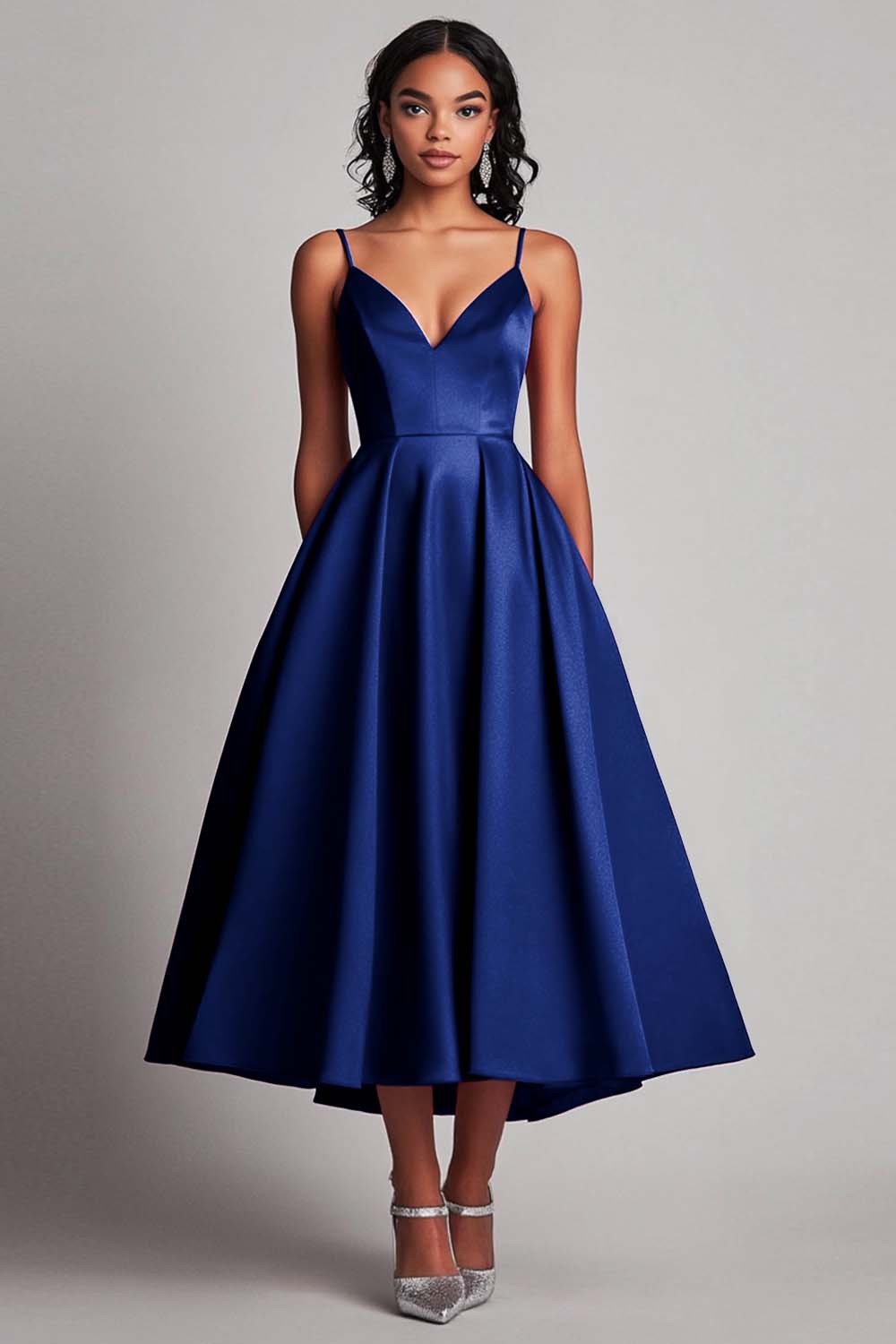 Red Satin A-Line Tea-Length Formal Dress