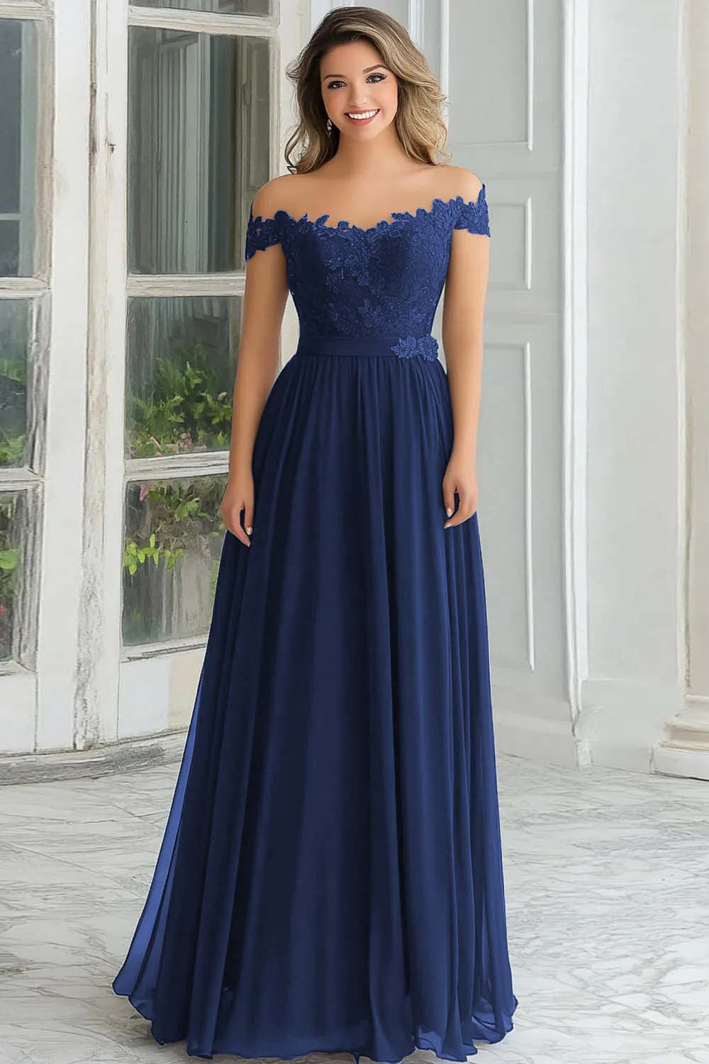 Robe longue de mère de la mariée élégante bleu marine coupe évasée en mousseline et dentelle avec épaules dénudées