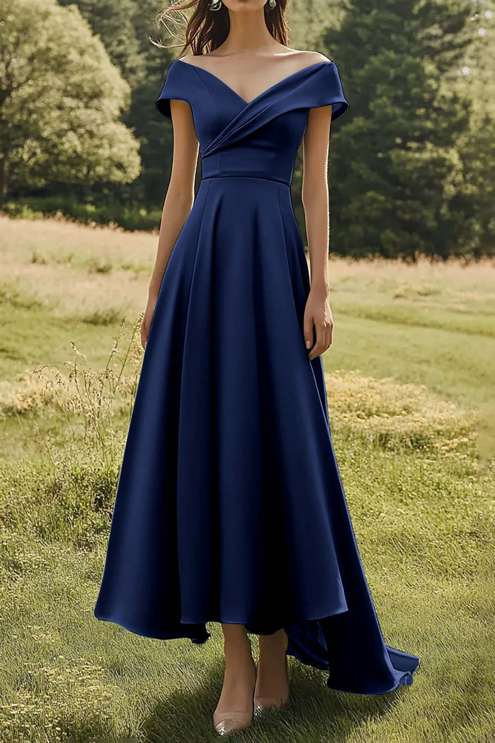 Sage Off-the-Shoulder Slim Formal Dress with Wide Hem
