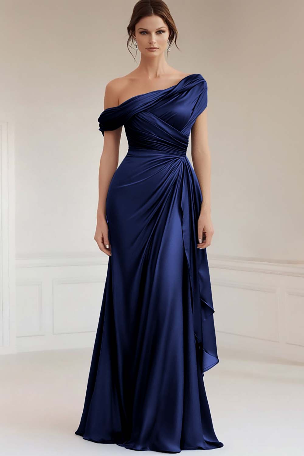 Mermaid Gray Blue One-Shoulder Satin Ruched Mother of the Bride Dress with Ruffles