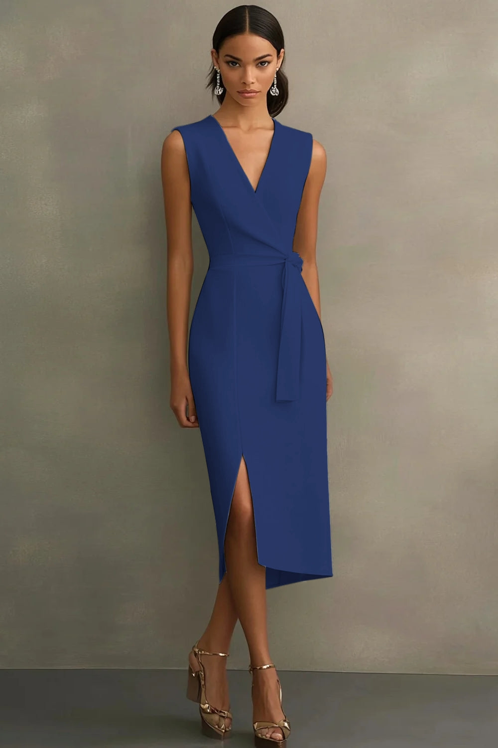 White Midi Sheath Satin V-Neck Formal Dress with Slit