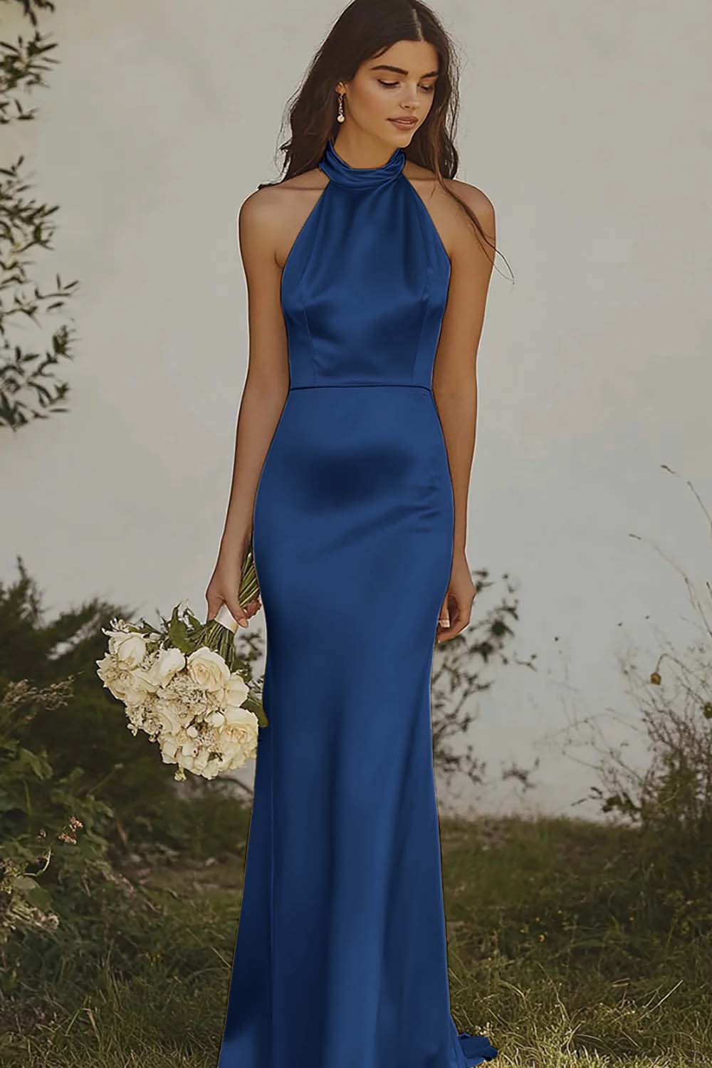 Light Yellow Halter Mermaid Satin Bridesmaid Dress