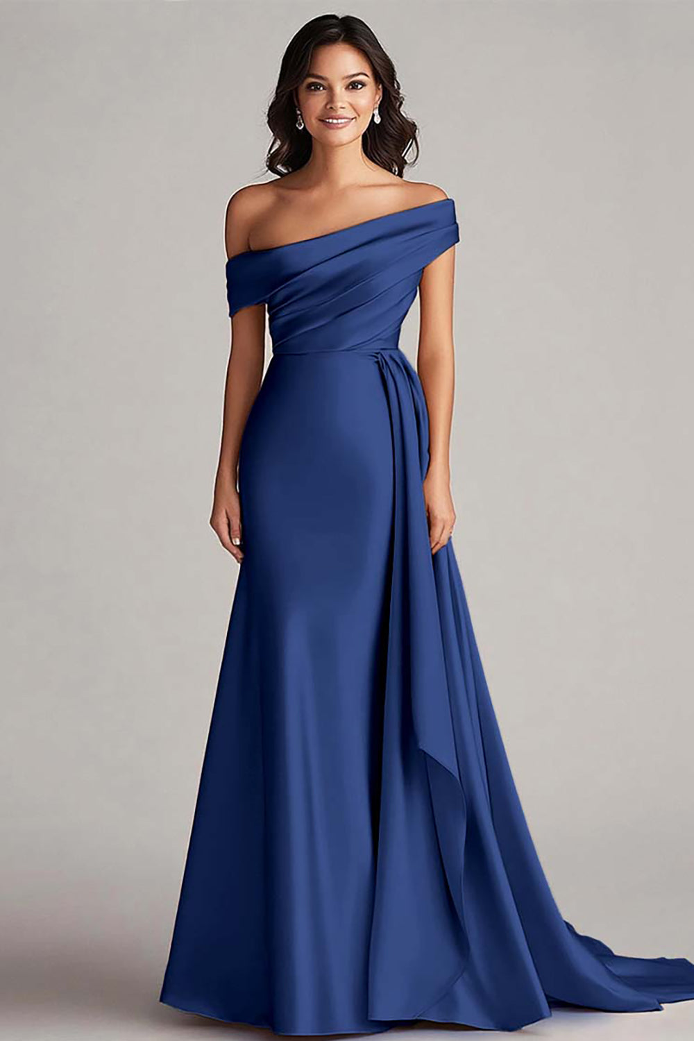 One-Shoulder Pleated Champagne Sheath Long Formal Dress