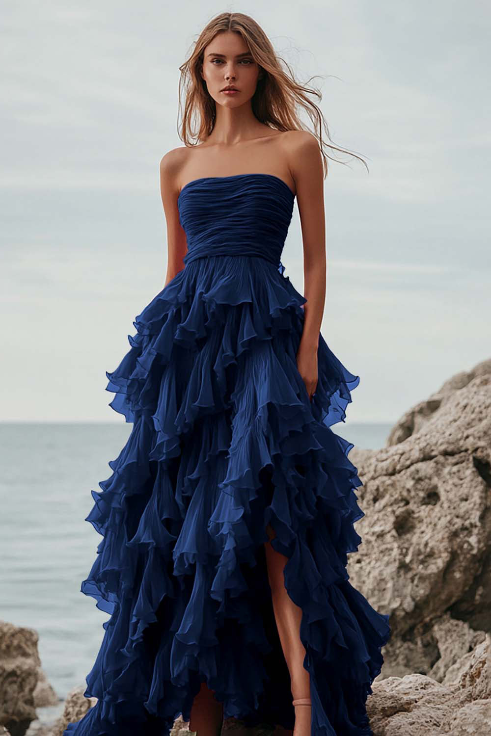 Fuchsia Ruffle A Line Strapless Long Formal Dress with Slit
