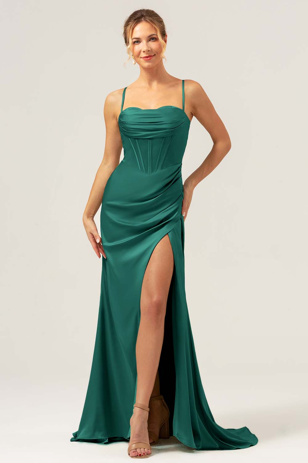 Dusty Blue Mermaid Spaghetti Straps Corset Satin Bridesmaid Dress with Slit