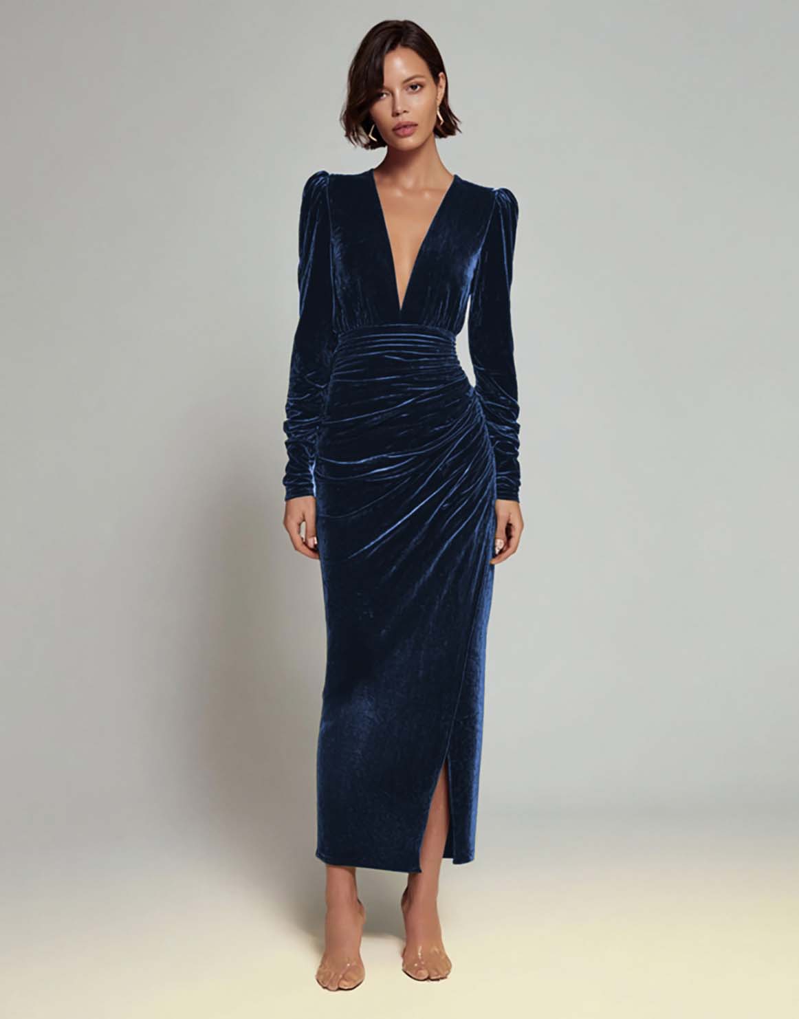 Velvet Sheath Olive V-Neck Ruched Choir Dress with slit