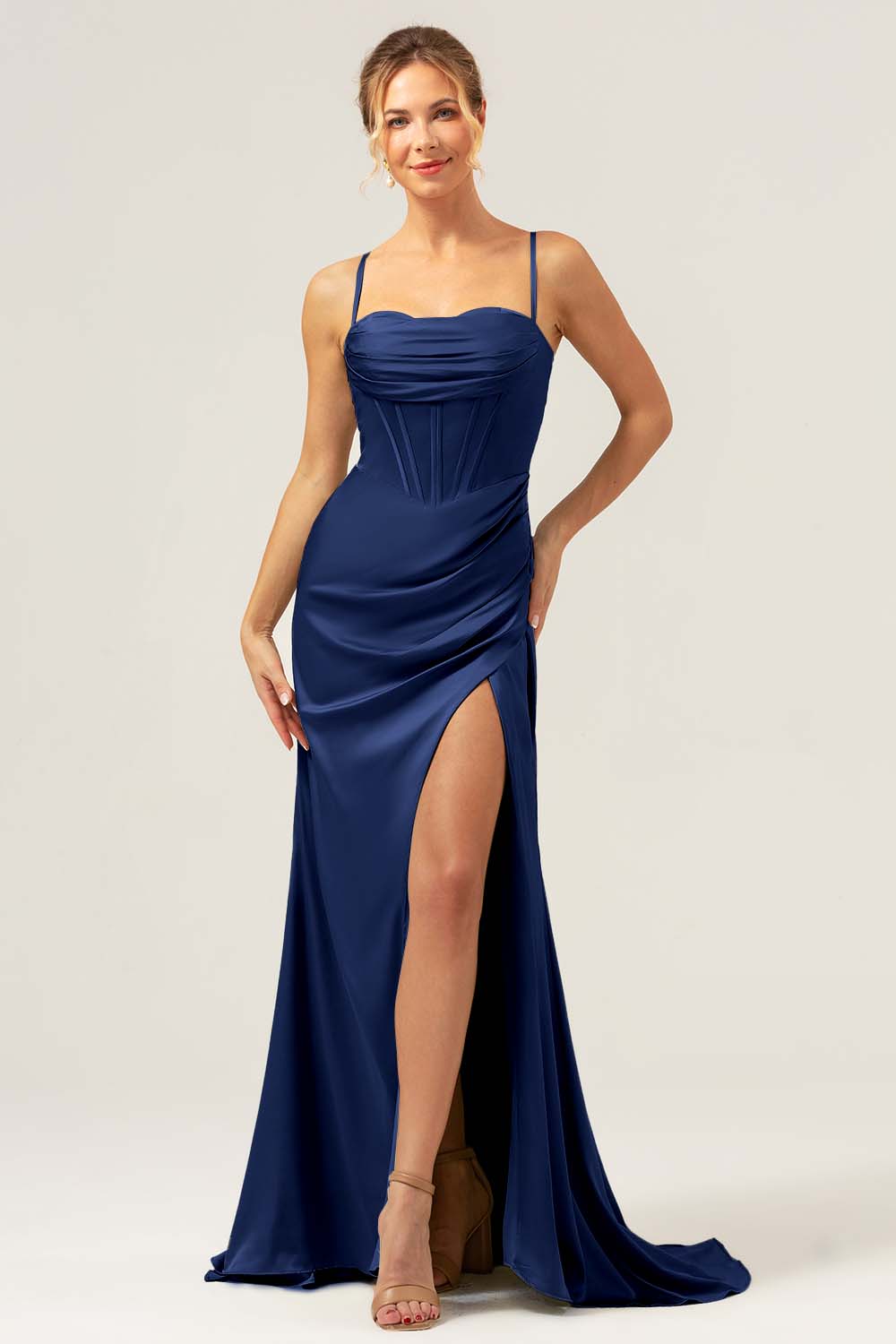 Dusty Blue Mermaid Spaghetti Straps Corset Satin Bridesmaid Dress with Slit