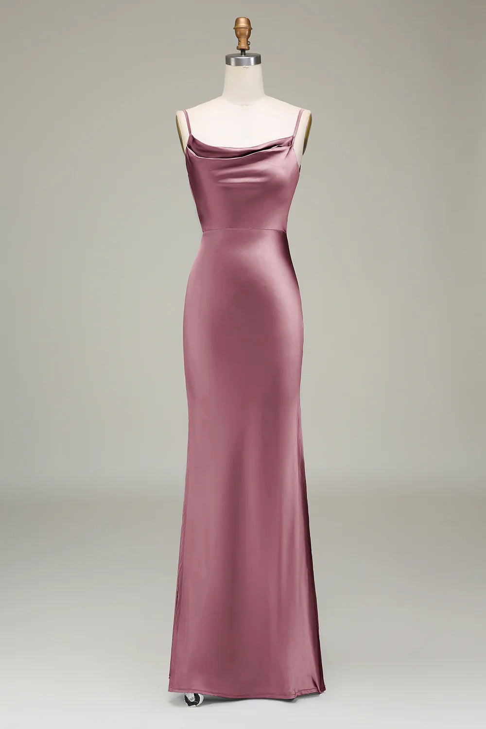 Dusty Blue Sheath Spaghetti Straps Satin Long Bridesmaid Dress