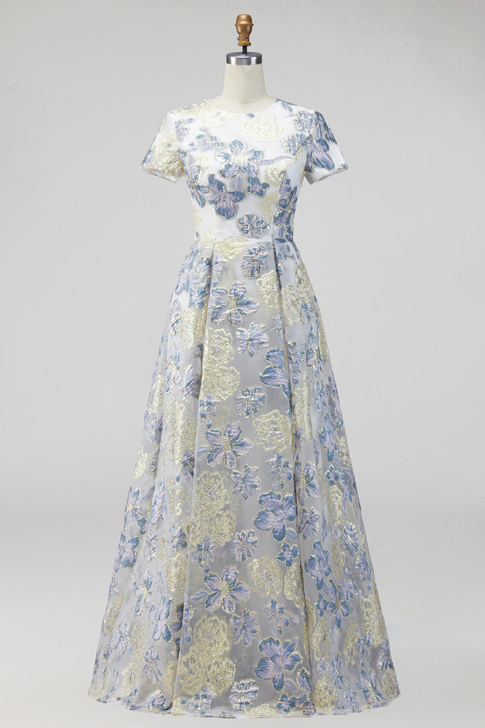 Dusty Blue Jacquard Round Neck Floral Long Mother Of the Bride Dress with Short Sleeves