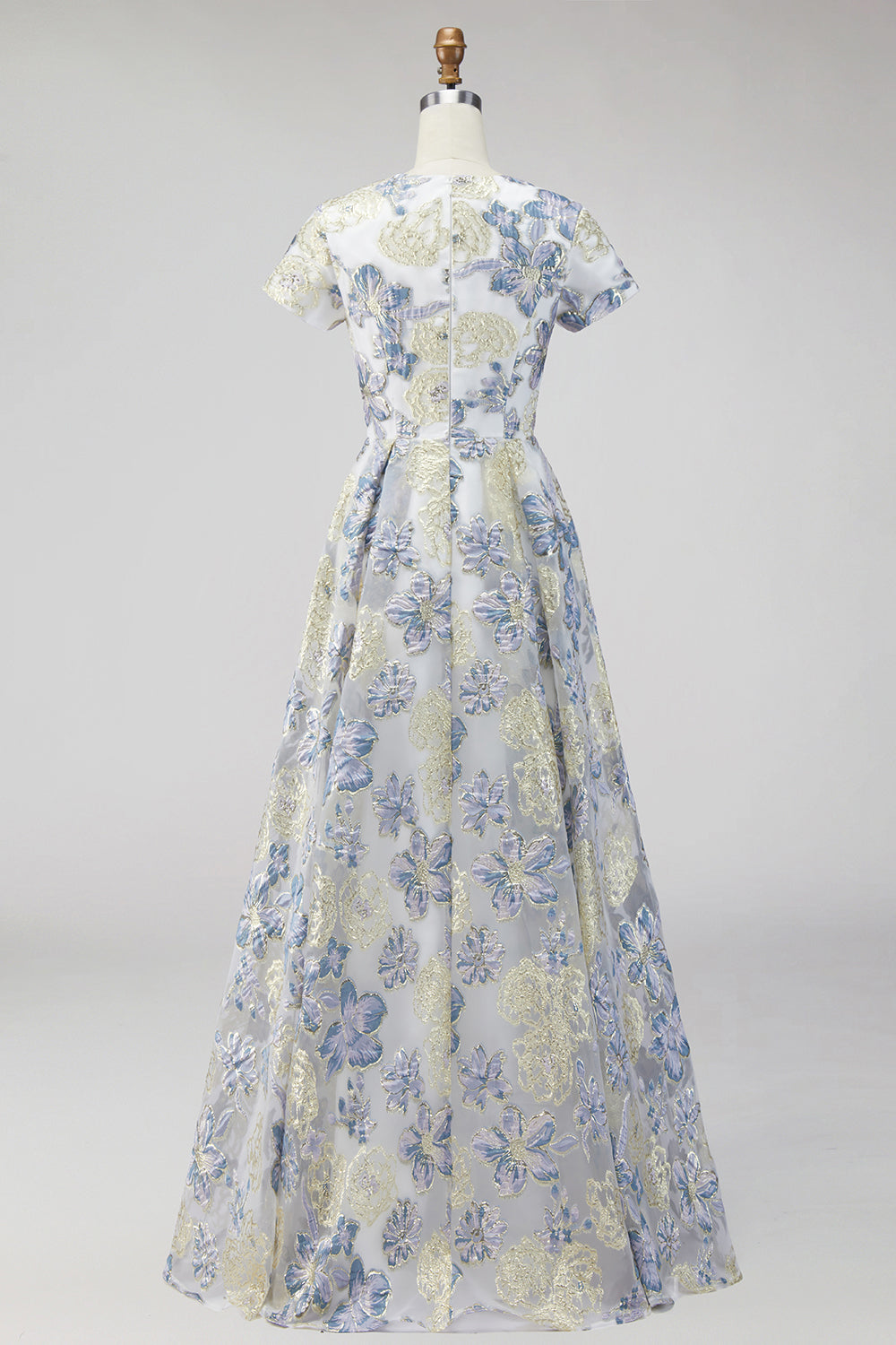 Dusty Blue Jacquard Round Neck Floral Long Mother Of the Bride Dress with Short Sleeves